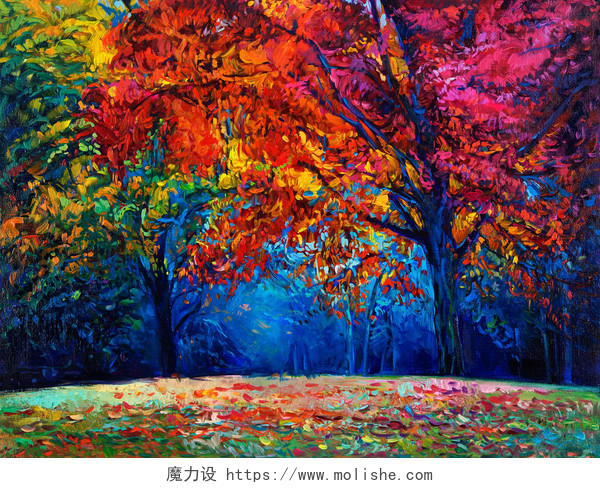 原油画在画布上展示美丽的秋林现代印象主义